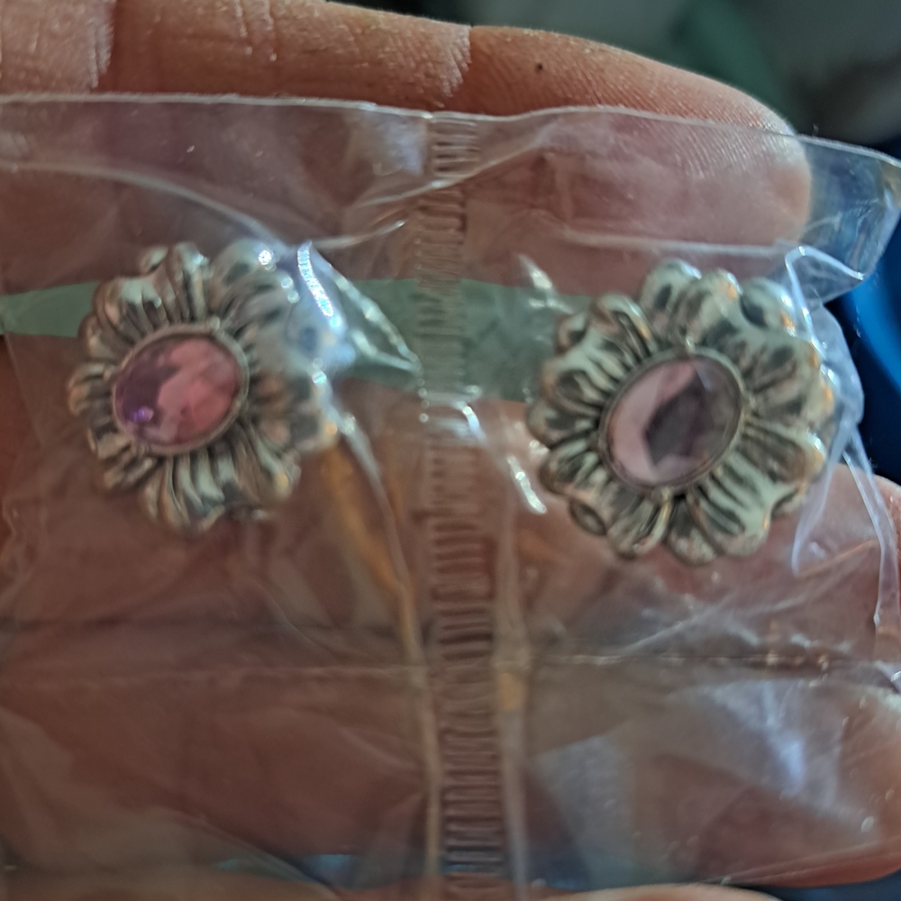 Avon Silver Flower Earrings with Pink Stone